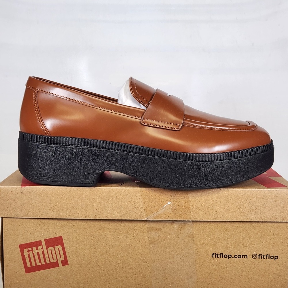 FitFlop Loafers Women Size 9 Rich Brown F-Luma Box-Leather Demi-Wedge Penny